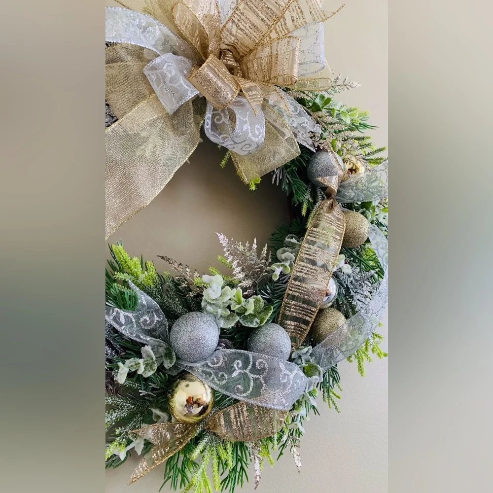 HAND CRAFTED Gold and Silver Ornament Embellished Christmas Wreath